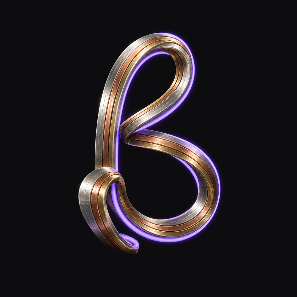 The Bláccent B: three metal strands wound into a ribbon B, violet neon behind